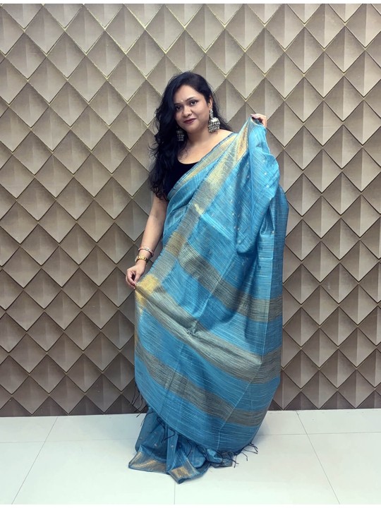 LIGHT BLUE WITH GOLDEN BUTA LINEN SAREE